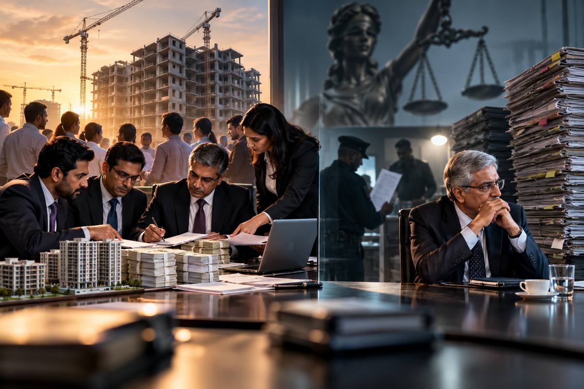 Directors and advisers reviewing papers over a housing project