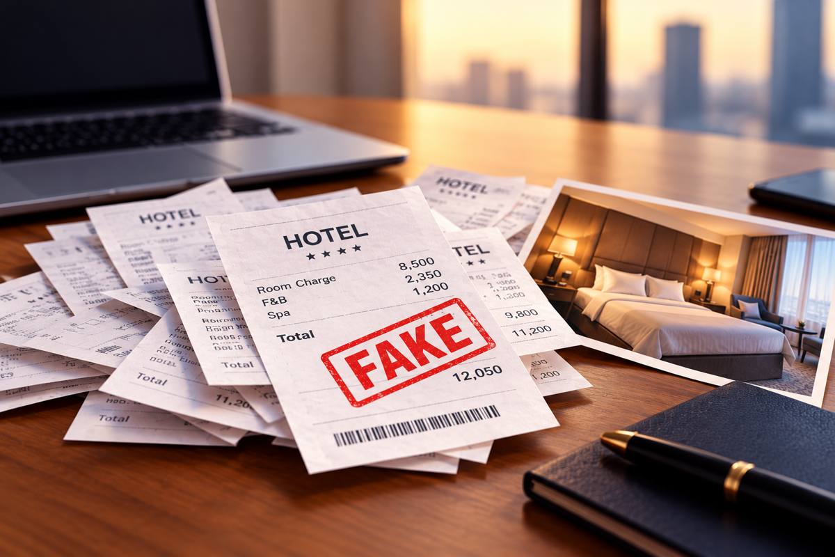 Pile of hotel receipts on an office desk