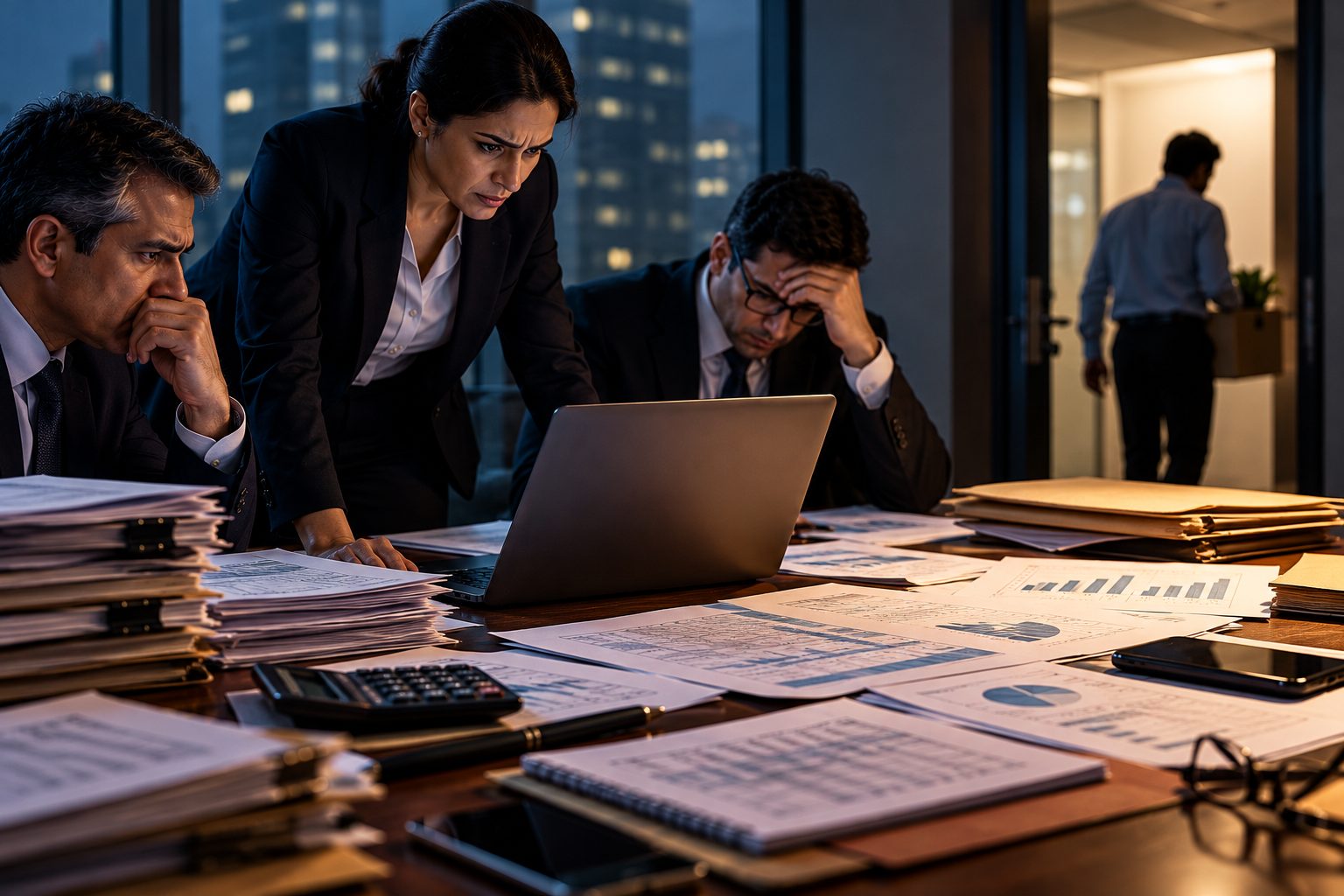 Company directors reviewing fraud papers at night