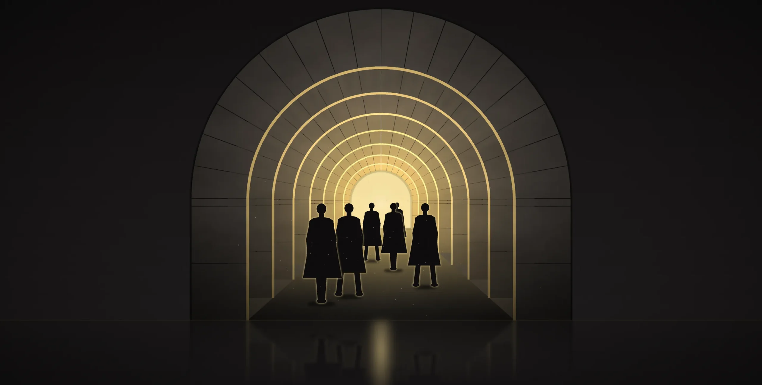 Silhouettes of advocates walking through a lit arched corridor